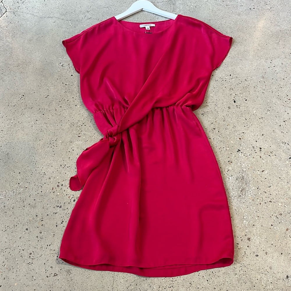 Carven Red Satin Tie-Waist Cap-Sleeve Dress
